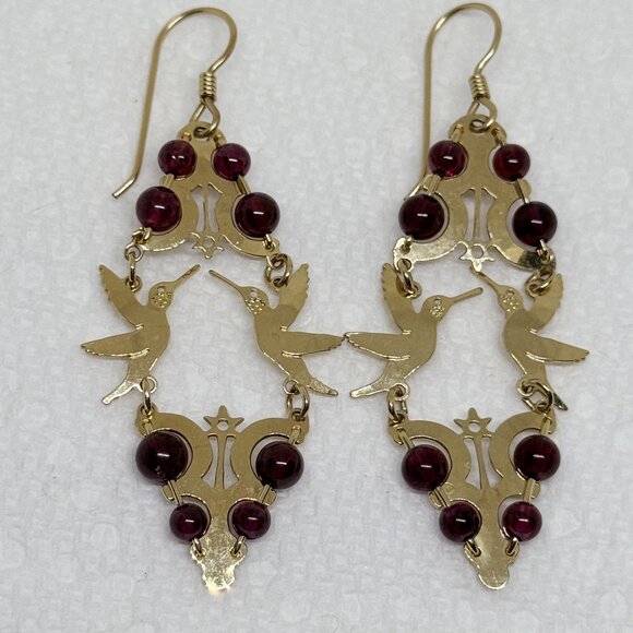 Hummingbird theme earrings by Wild Byrde, great condition, Garnet beads - Picture 1 of 7